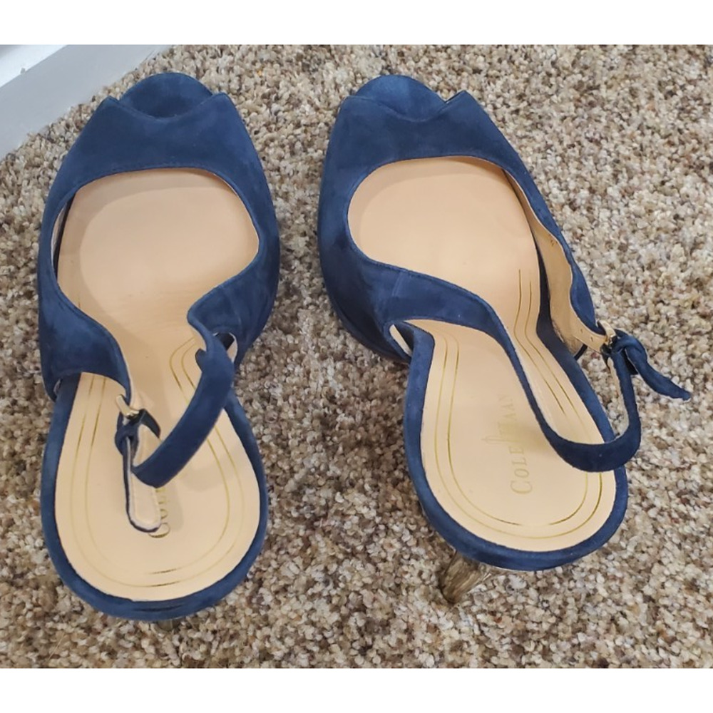Cole Haan Blue Suede Slingback Peep Toe Heels Gold Heel Womens 10B - Picture 4 of 8